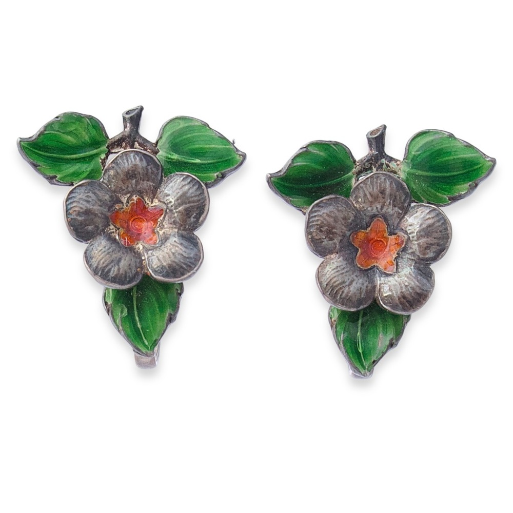 Vintage Sterling Silver Guilloche Enamel Flower Screw Back Earrings Green Orange